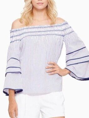 Parker Striped Off-Shoulder Bell-Sleeve Top XS